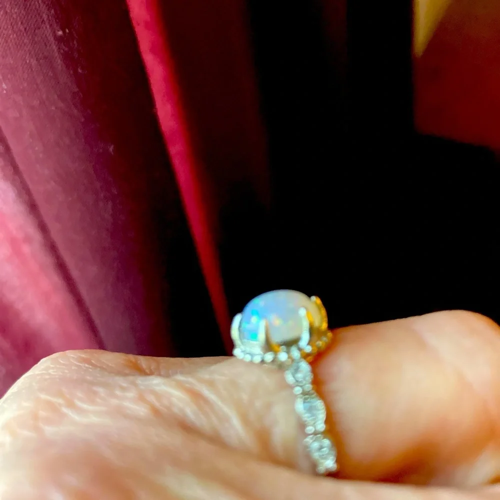 Fire White Opal ring with diamonds set in Sterling  size 5 3/4 and 9.5 - Picture 2 of 5